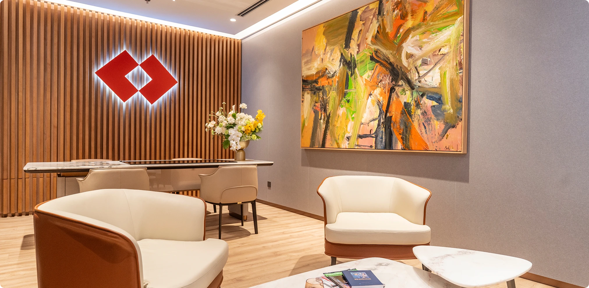 Techcombank private lounge with logo and artwork