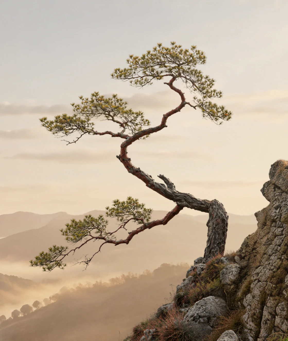 A pine tree growing from a rocky mountain ridge