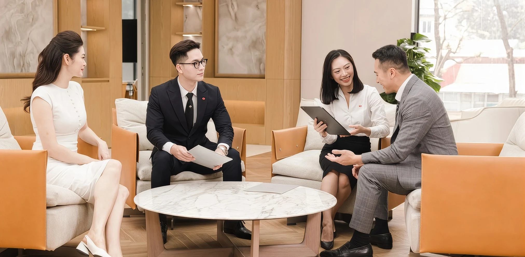 Chuyên viên tư vấn trao đổi chiến lược đầu tư với khách hàng tại phòng tiếp khách