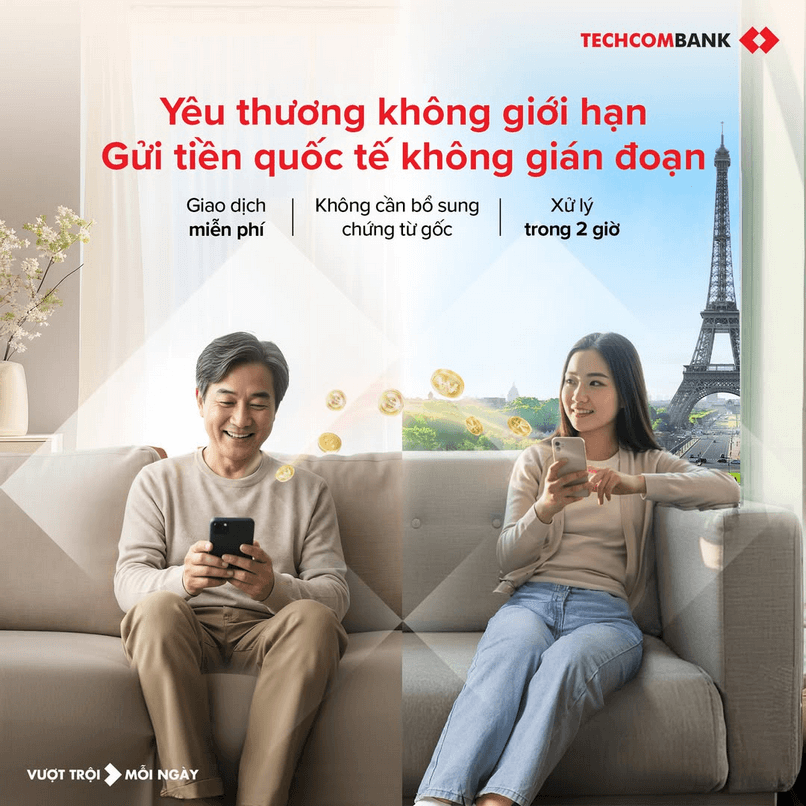 Chuyển tiền quốc tế không gián đoạn với Techcombank Mobile.