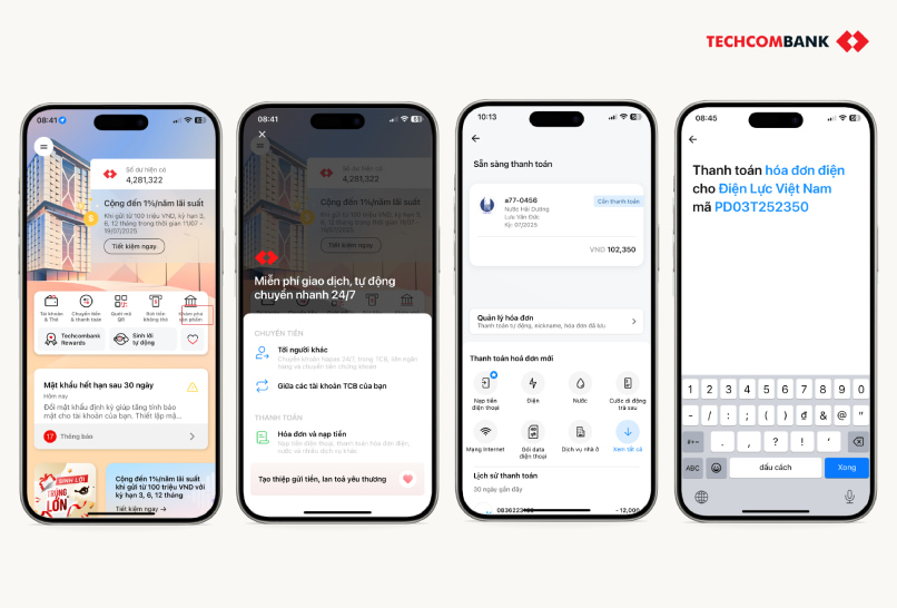 Hướng dẫn đóng tiền điện trên Techcombank Mobile