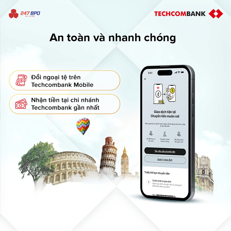 Yêu cầu đổi ngoại tệ chỉ với 3 bước trên Techcombank Mobile.