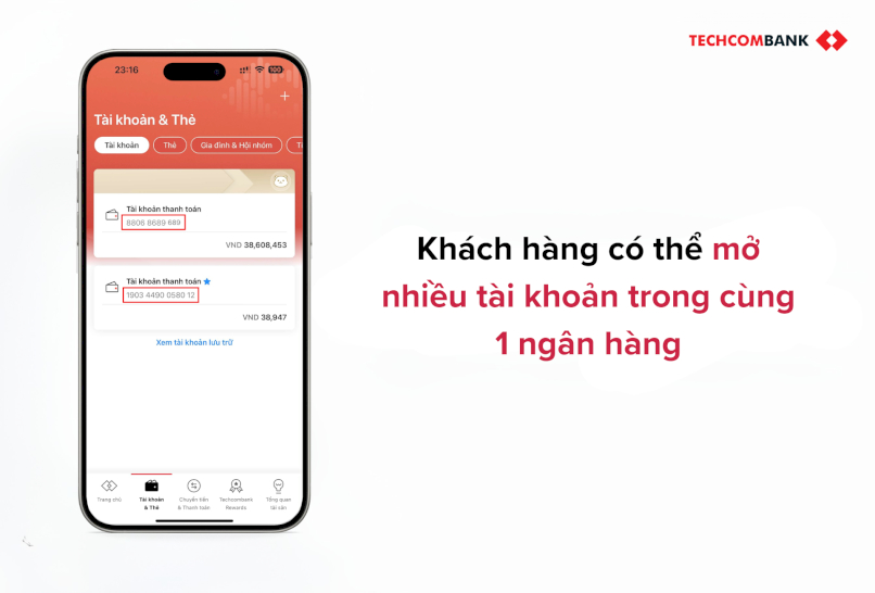 Giao diện hiển thị nhiều tài khoản trong cùng 1 ngân hàng 