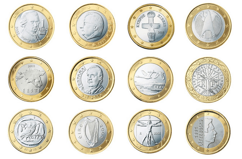Đồng xu Euro có nhiều mệnh giá khác nhau.