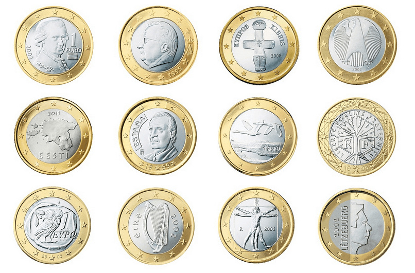 Đồng xu Euro có nhiều mệnh giá khác nhau.