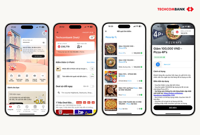 Hướng dẫn đổi điểm UPoint lấy voucher Pizza 4P's trên Techcombank Mobile.
