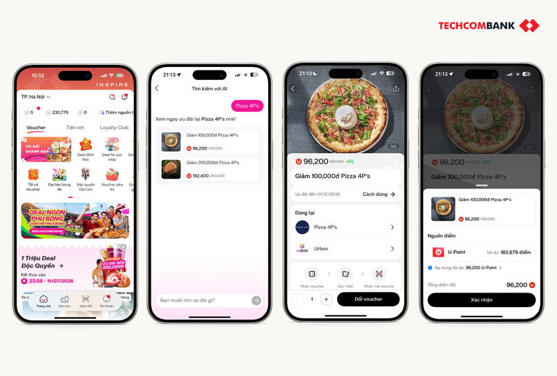 Đổi U-Point nhận voucher Pizza 4P's trên app Techcombank OneU.