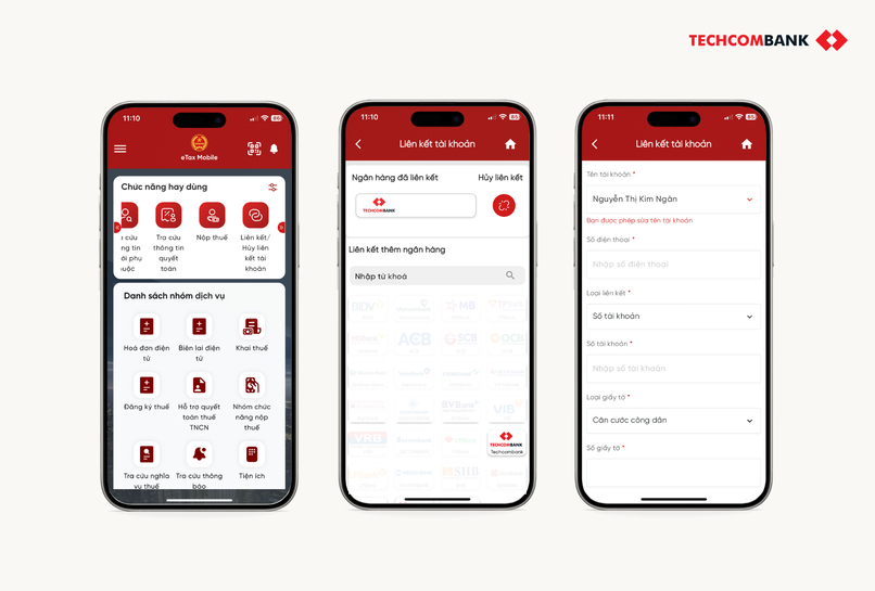 Liên kết tài khoản thanh toán Techcombank với eTax Mobile.