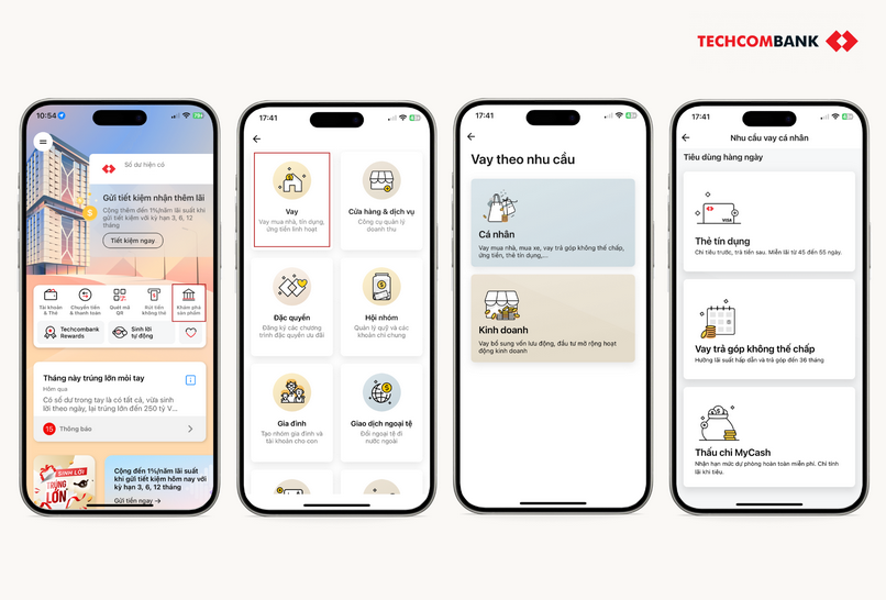 Thao tác vay online trên Techcombank Mobile.