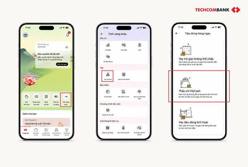 Cách vay tiền nhanh online với Tài khoản Thấu chi MyCash trên Techcombank Mobile.