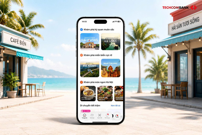 Bản đồ du lịch trên app Techcombank OneU kết nối khách hàng với các điểm ăn uống, vui chơi và mua sắm địa phương.
