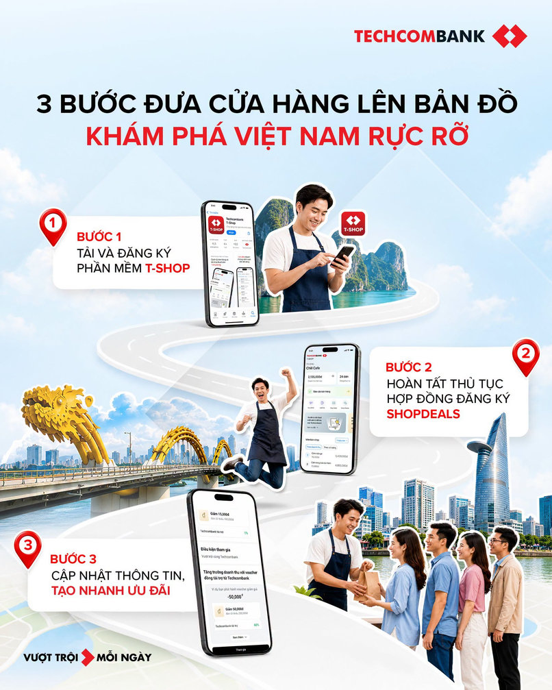 Chủ quán dễ dàng tạo ShopDeals và quảng bá cửa hàng trên bản đồ Techcombank OneU chỉ với 3 bước.