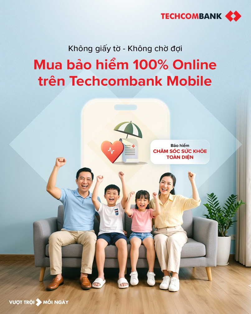 Tham gia bảo hiểm sức khỏe online ngay trên Techcombank Mobile. 