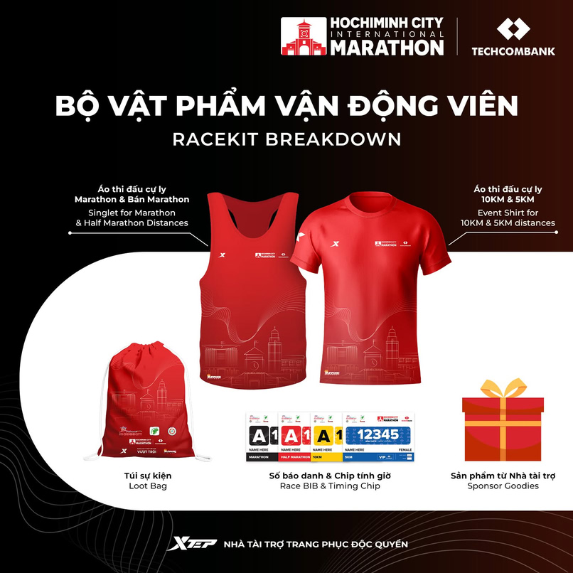 Bộ vật phẩm thi đấu cho vận động viên tham gia giải Techcombank Marathon.