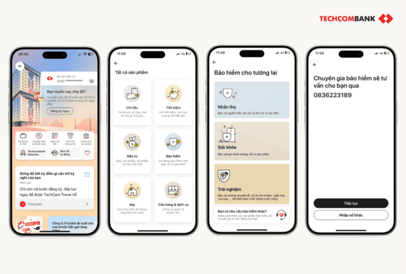 Khám phá các sản phẩm bảo hiểm trên Techcombank Mobile và để lại thông tin liên hệ để chuyên gia có thể tư vấn 1 - 1.
