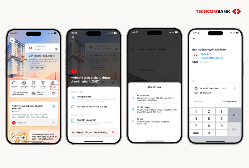 Chuyển khoản liên ngân hàng trên Techcombank Mobile.