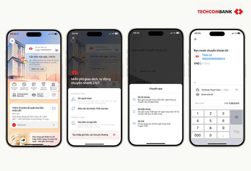 Chuyển khoản liên ngân hàng trên Techcombank Mobile.