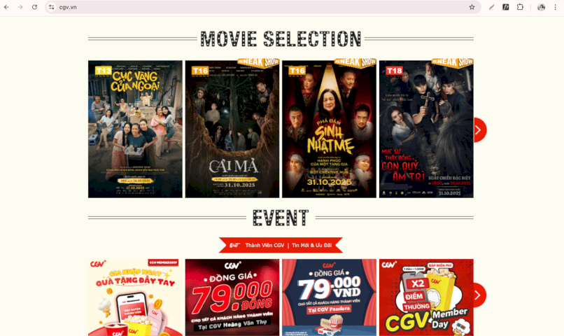 Đặt vé CGV trên website chính thức của CGV