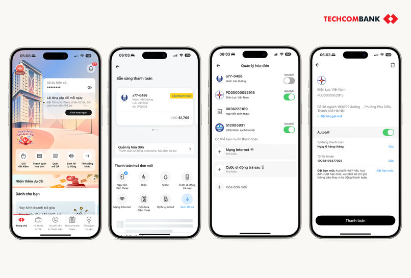 Quy trình 5 bước hủy thanh toán tiền điện qua Techcombank Mobile.