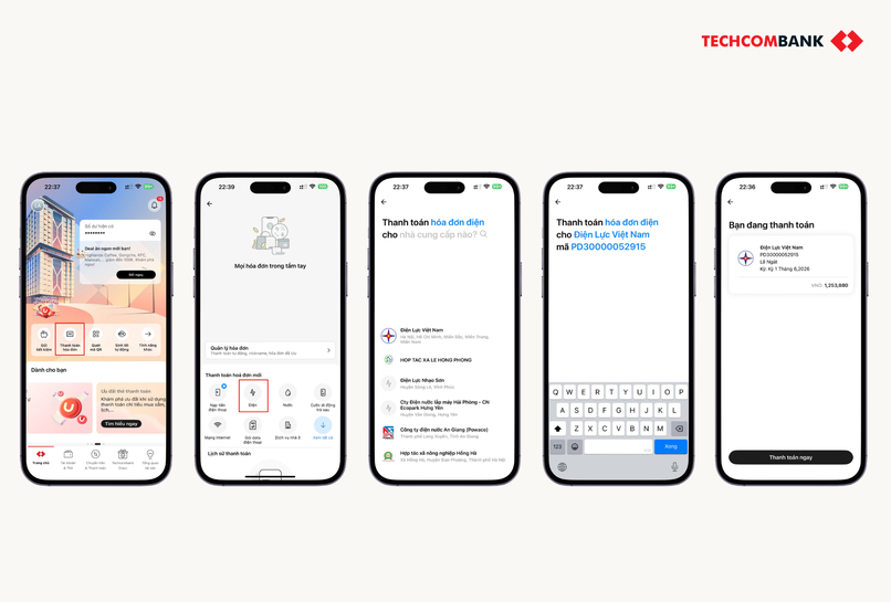 Hướng dẫn cách thanh toán hóa đơn tiền điện trên Techcombank Mobile.