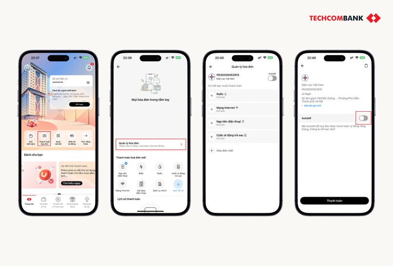 Hướng dẫn cách bật thanh toán hóa đơn tiền điện tự động trên Techcombank Mobile.