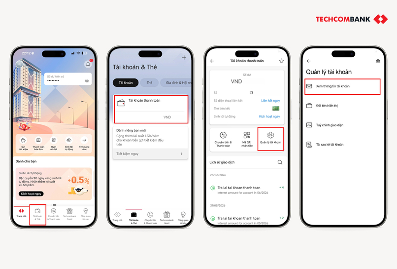 Các bước tra số tài khoản và thông tin chi tiết. 
