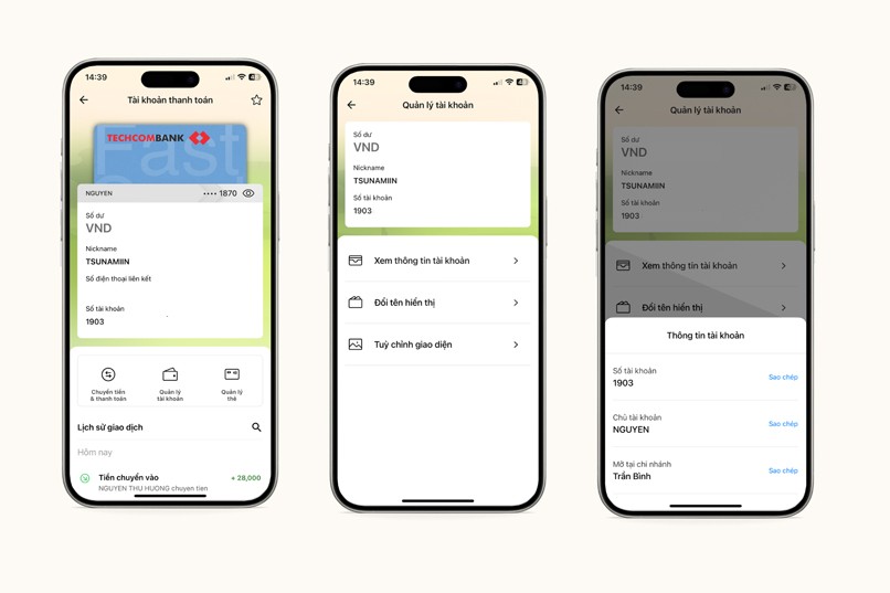 Thông tin tài khoản ngân hàng được hiển thị đầy đủ trên màn hình.