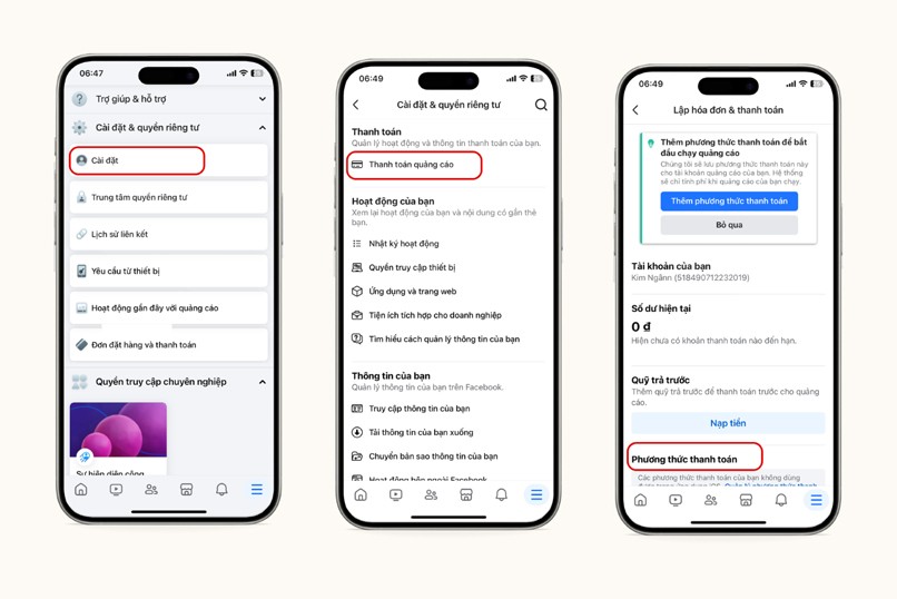 Quy trình thêm phương thức thanh toán khi thanh toán quảng cáo trên Facebook.