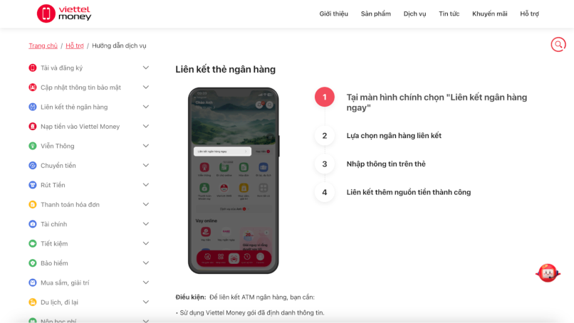 Liên kết ngân hàng với Viettel Money.