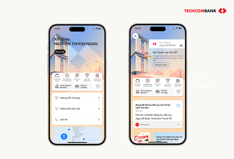 Đăng nhập vào Techcombank Mobile bằng tên đăng nhập và mật khẩu bạn vừa thiết lập.