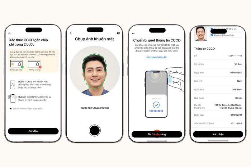 Chỉ với 2 thao tác chụp ảnh khuôn mặt và quét CCCD, toàn bộ thông tin cá nhân của khách hàng sẽ tự động được nhập trên Techcombank Mobile.