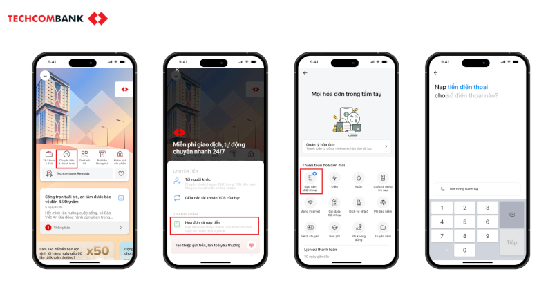 Cách nạp tiền điện thoại online trên Techcombank Mobile.