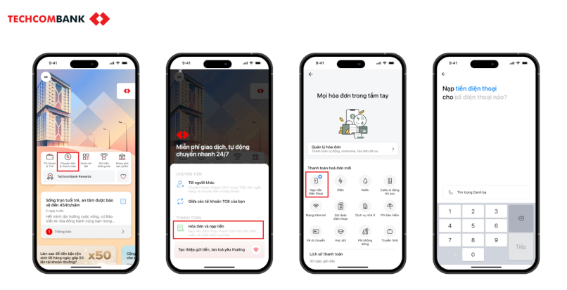 Cách nạp thẻ Viettel nhanh chóng trên Techcombank Mobile.