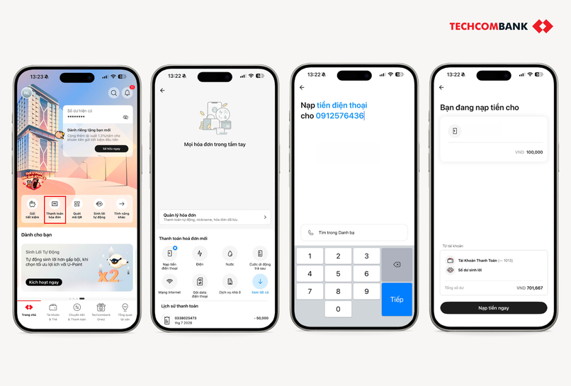 Cách nạp thẻ Viettel nhanh chóng trên Techcombank Mobile. 