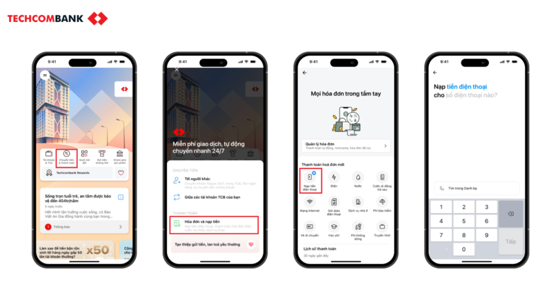 Cách nạp thẻ VinaPhone nhanh chóng trên Techcombank Mobile.