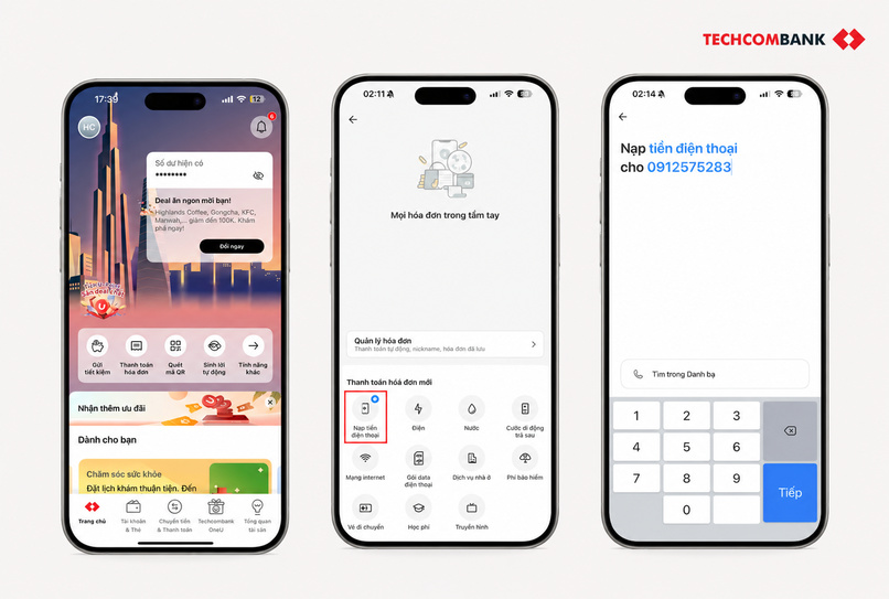 Cách nạp tiền, thanh toán điện thoại online trên Techcombank Mobile.
