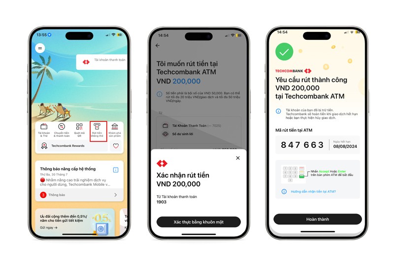 Thao tác yêu cầu rút tiền với tính năng Rút tiền không cần thẻ trên Techcombank Mobile.