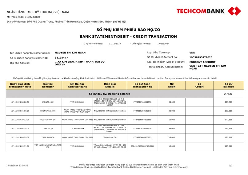 Sao kê tài khoản ngân hàng Techcombank.