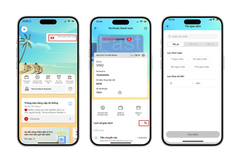 Đăng nhập vào Techcombank Mobile và thao tác kiểm tra Lịch sử giao dịch.