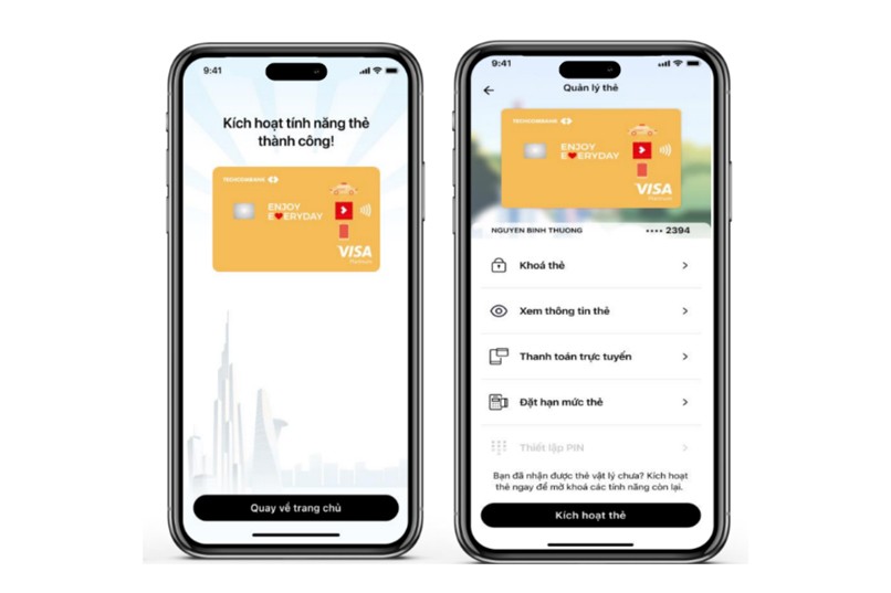 Các tính năng được kích hoạt trước bao gồm khóa thẻ, xem thông tin thẻ, thanh toán trực tuyến, đặt hạn mức thẻ.