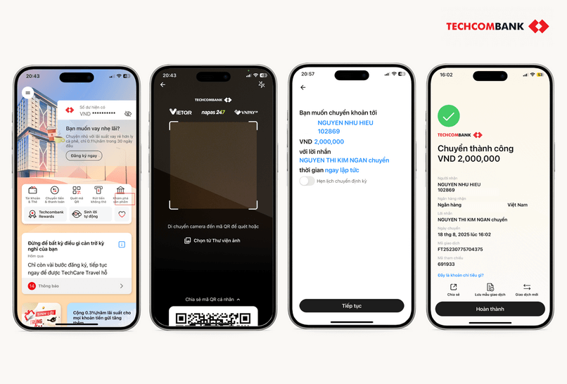 Các bước thanh toán qua mã QR trên Techcombank Mobile