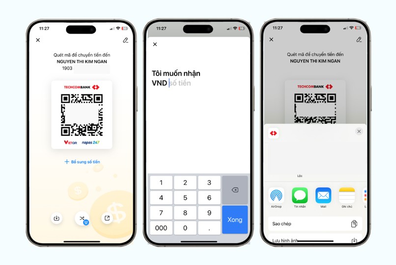 Người dùng có thể nhập chi tiết số tiền mỗi giao dịch, lưu hình ảnh mã QR hoặc chia sẻ.