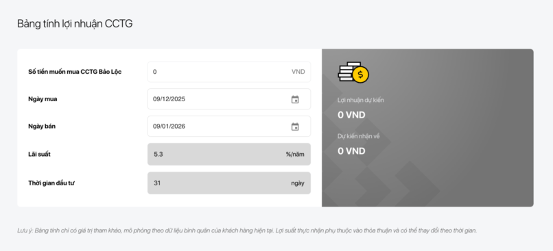 Công cụ tính lợi nhuận Chứng chỉ tiền gửi Techcombank trực tuyến trên website.