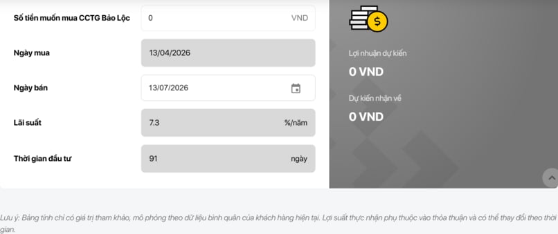 Công cụ tính lợi nhuận Chứng chỉ tiền gửi Techcombank trực tuyến trên website