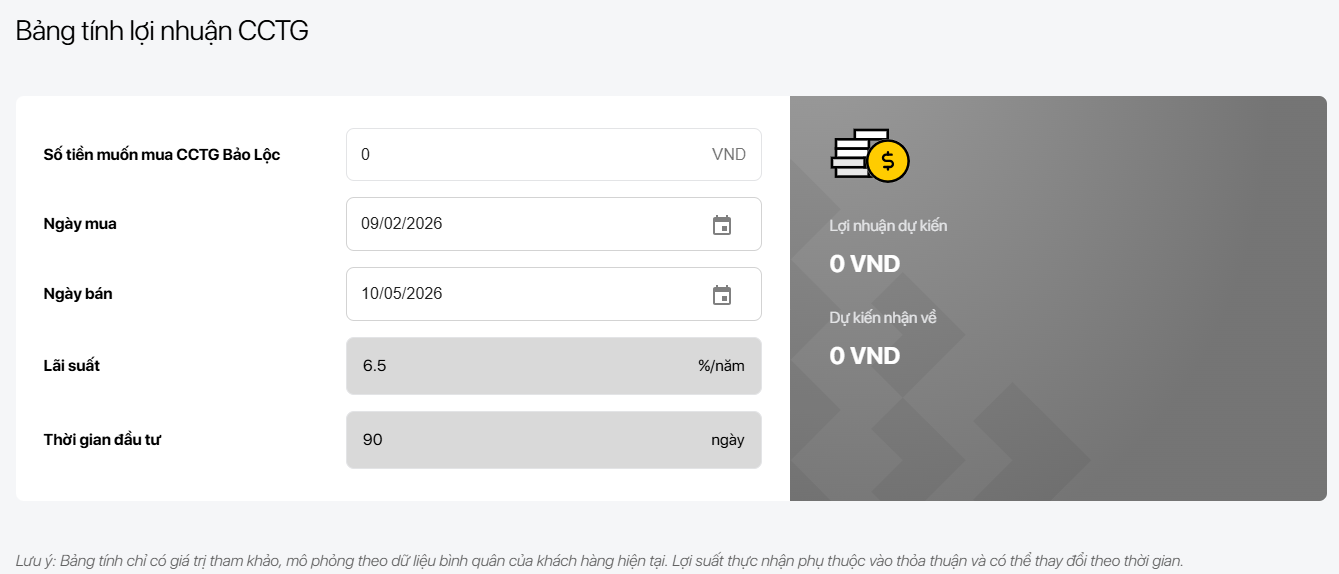 Công cụ tính lợi nhuận Chứng chỉ tiền gửi Techcombank trực tuyến trên website.