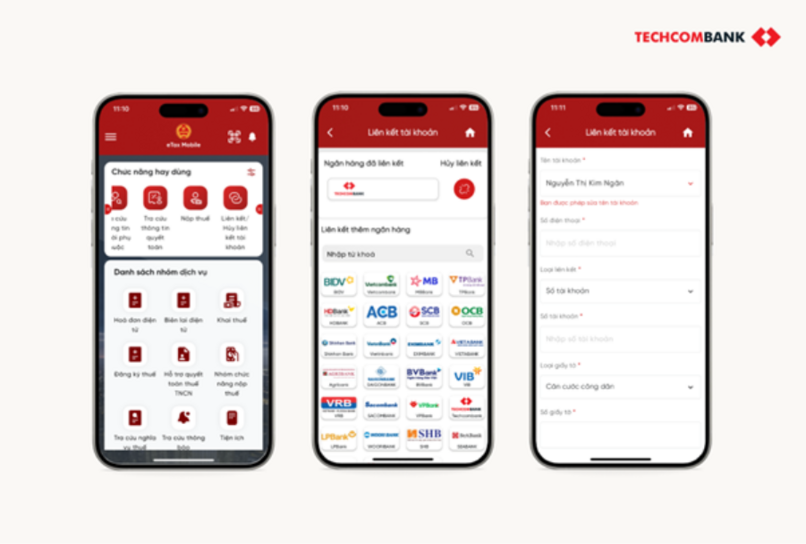 Liên kết tài khoản ngân hàng Techcombank với eTax Mobile để nhận tiền hoàn thuế thuận tiện.