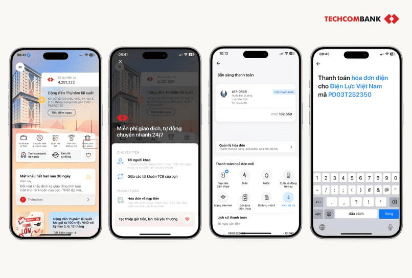 Hướng dẫn đóng tiền điện trên Techcombank Mobile.