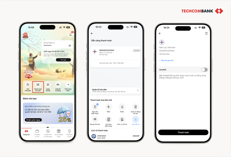 Hướng dẫn đóng tiền điện trên Techcombank Mobile.
