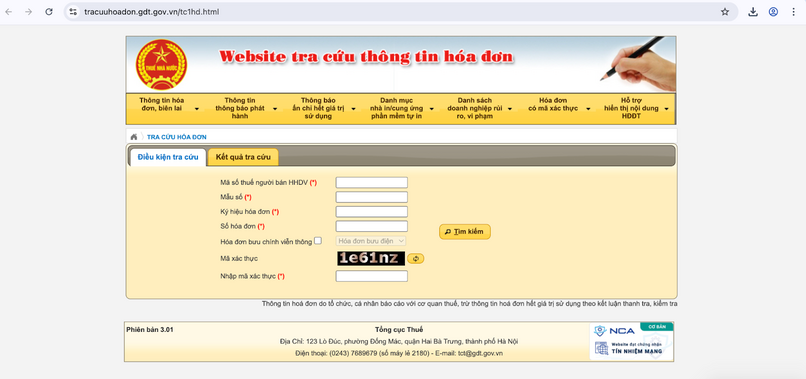 Tra cứu hoá đơn điện tử trên website Tổng cục Thuế.