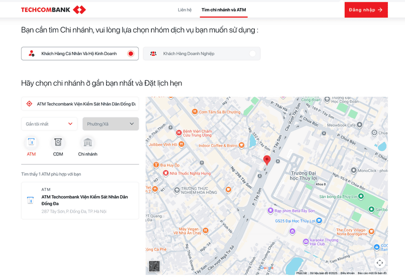 Tìm cây ATM gần nhất với website Techcombank.